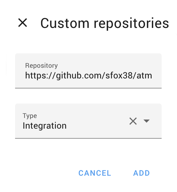 HACS custom repositories dialog with the ATM repository URL entered and Integration selected