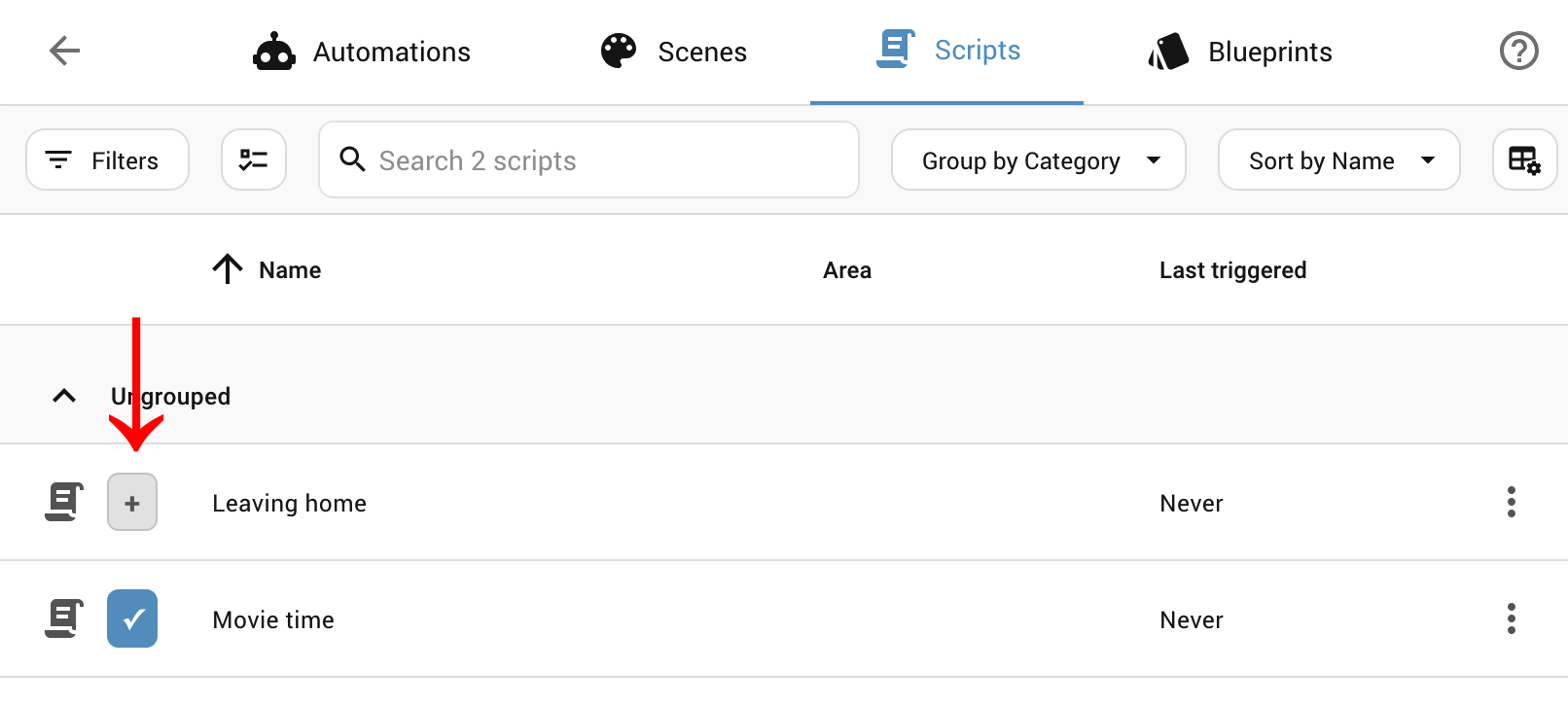 Home Assistant's native entity list with an ATM (+) / MESA control added to each row