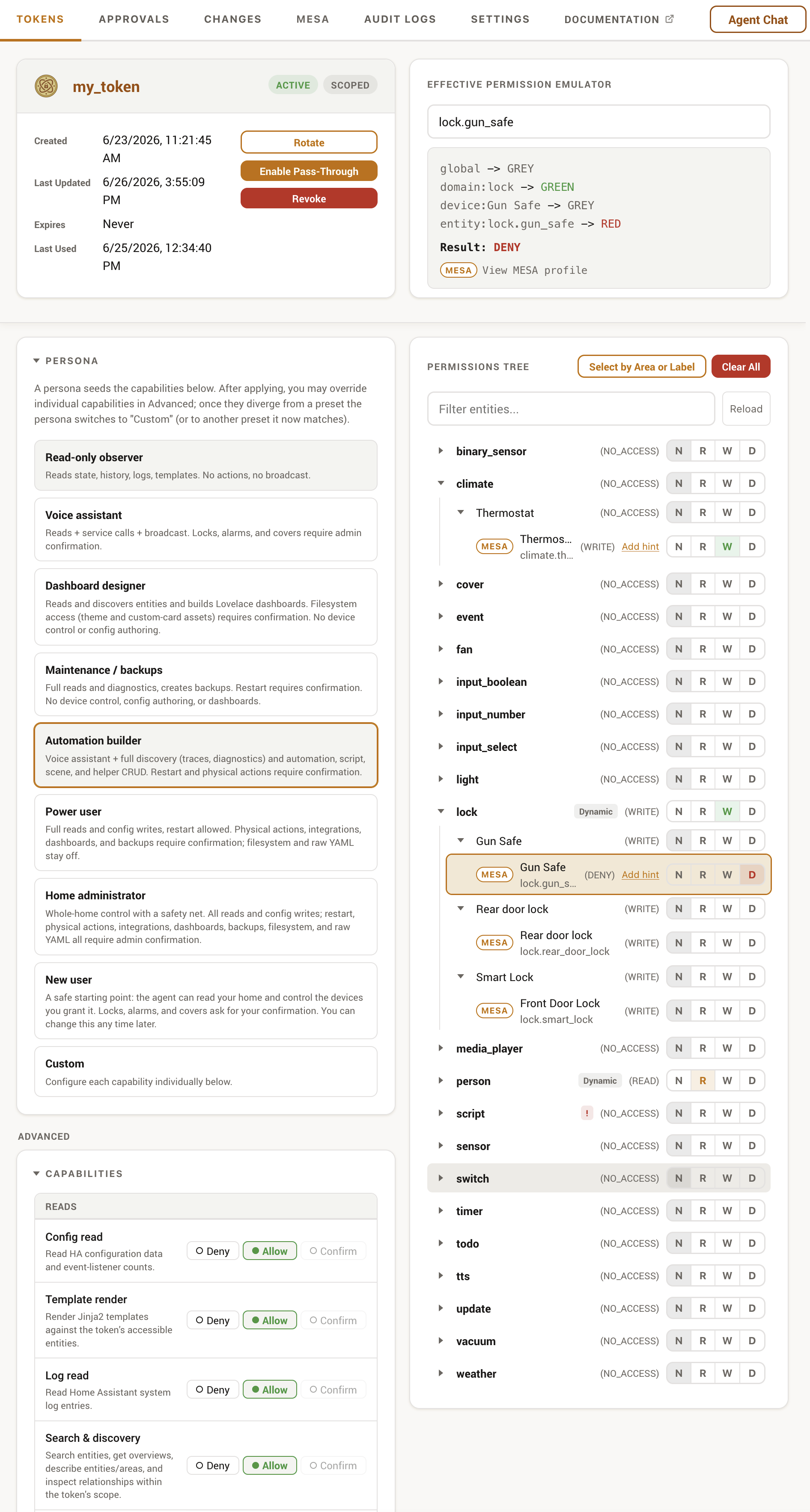 A token detail page showing the capability matrix and persona