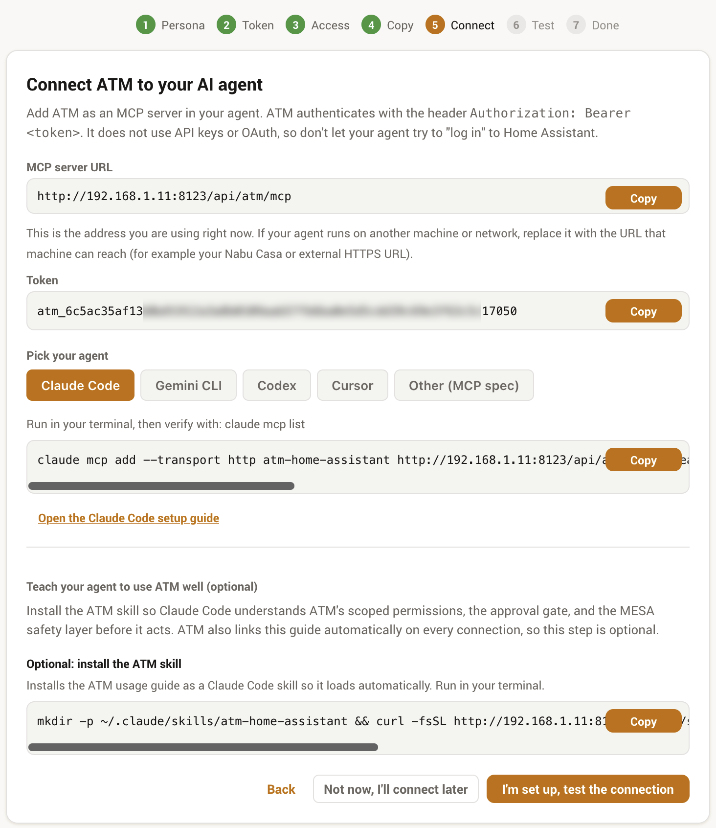 The wizard's connect step with the MCP server URL, the token, and a ready-to-paste command per agent