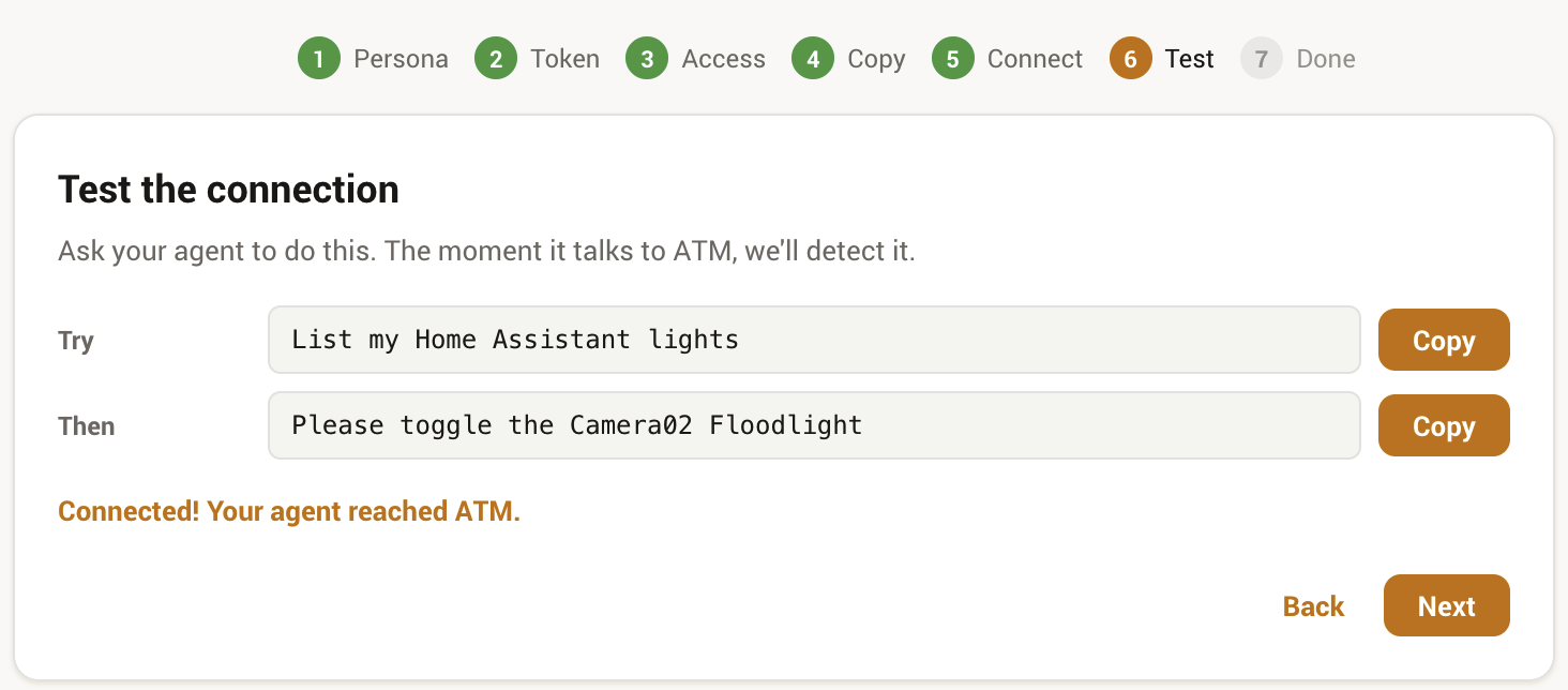 The wizard's test step showing Connected after the agent reached ATM