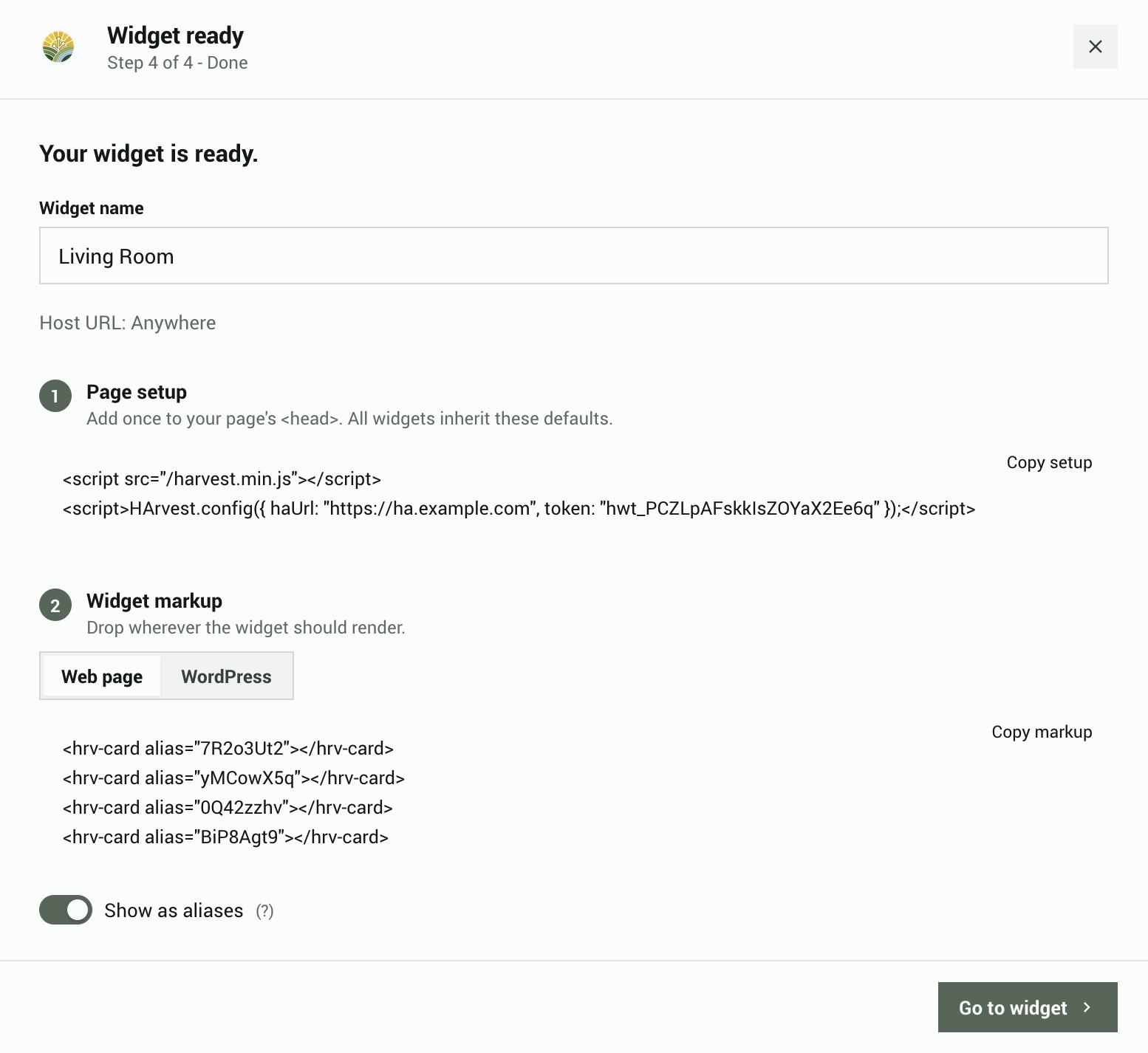 Step 4 - generated embed snippet with copy button